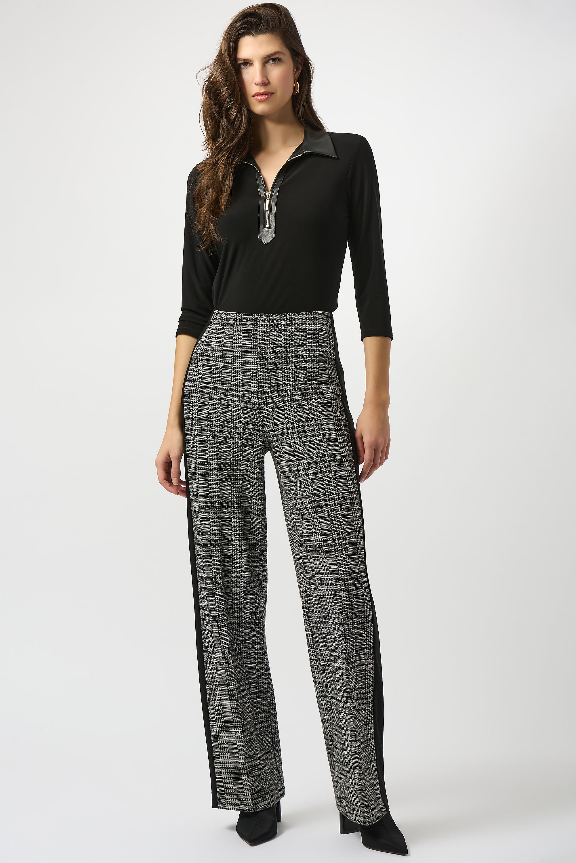 Joseph Ribkoff Jacquard Knit Plaid Print Wide-Leg Pants