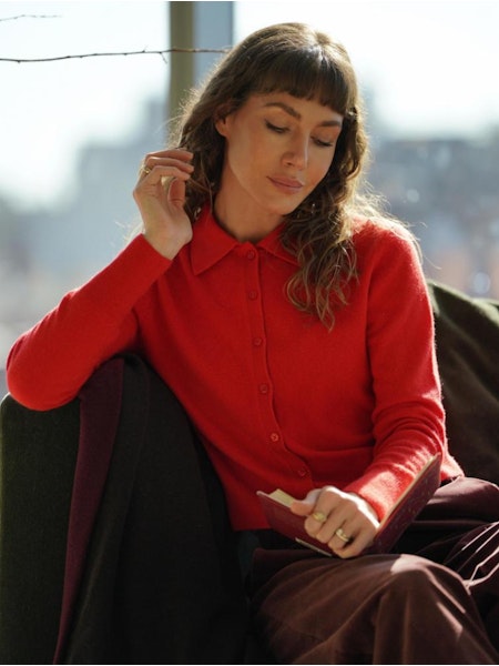 White + Warren Cashmere Collared Cardigan French Red