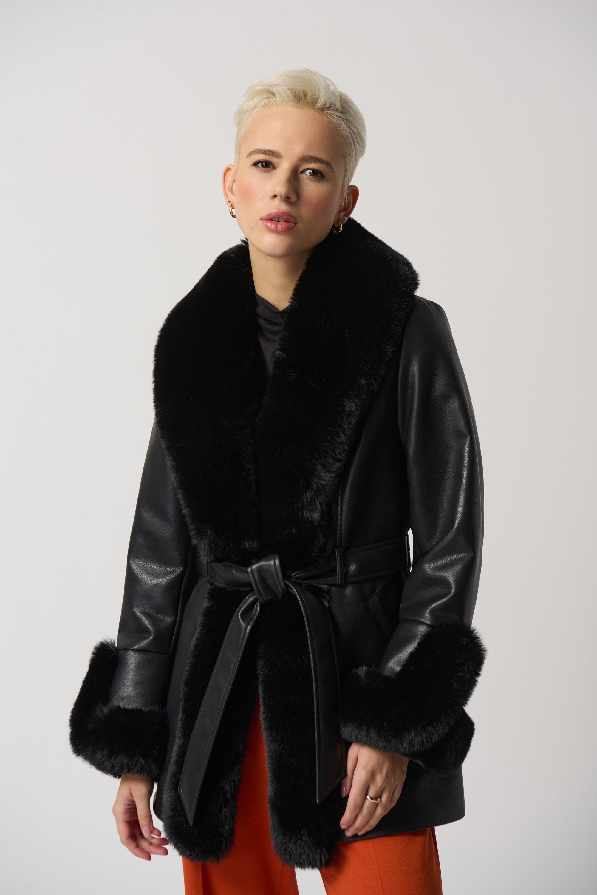 Joseph Ribkoff Leatherette Coat with Faux Fur