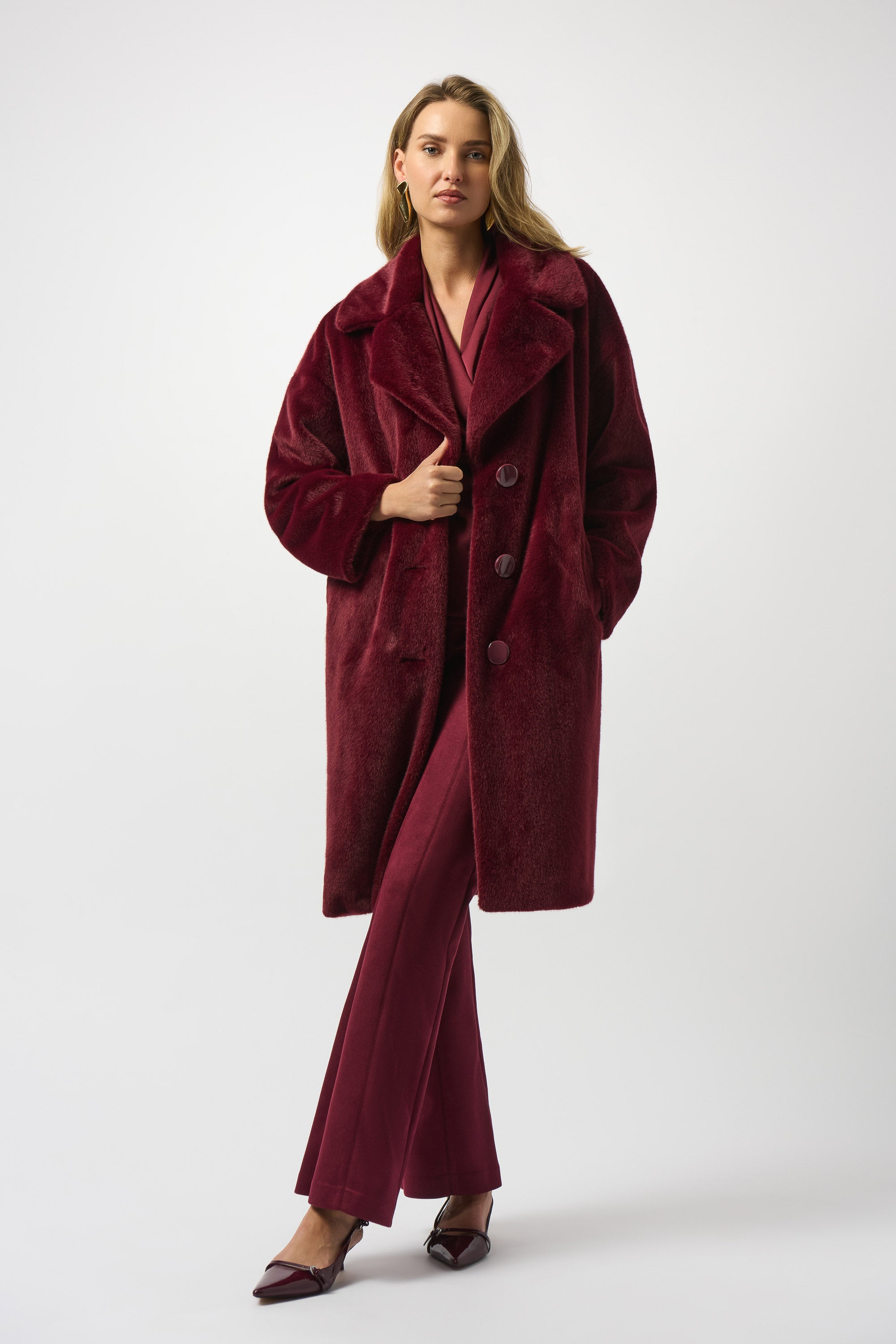 Joseph Ribkoff Faux Fur Straight Coat Merlot