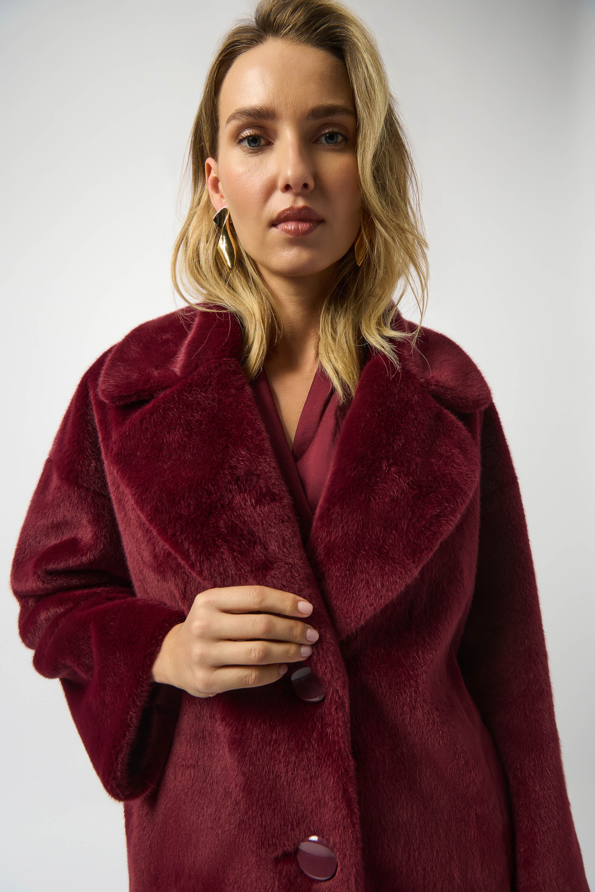 Joseph Ribkoff Faux Fur Straight Coat Merlot