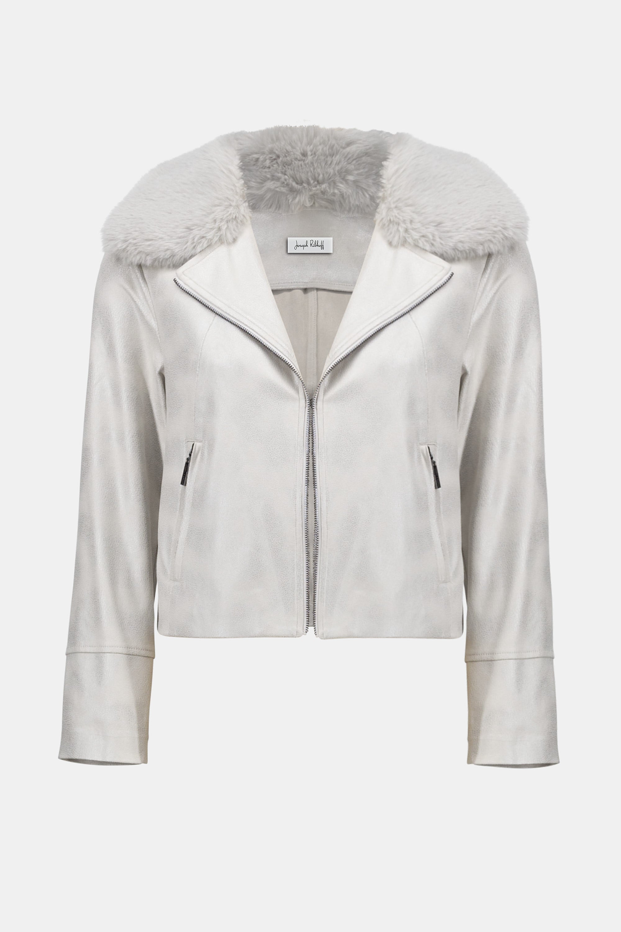 Joseph Ribkoff Foiled Suede Swing Jacket with Faux Fur Collar