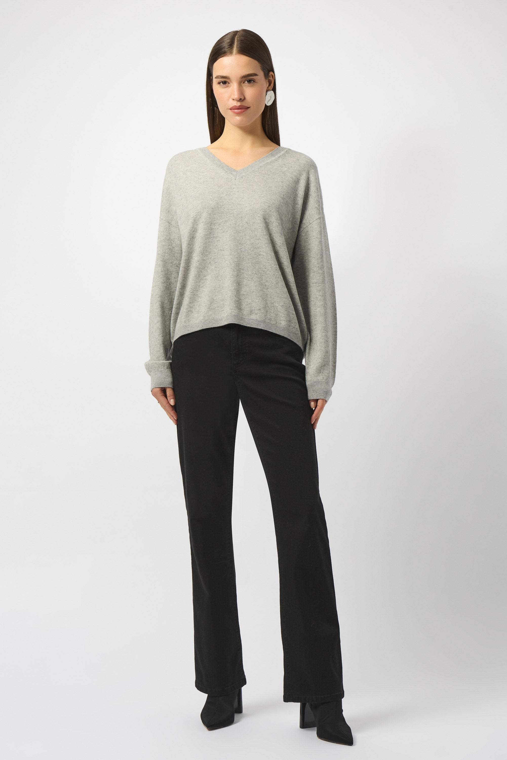 Joseph Ribkoff Wool Blend V-Neck Boxy Sweater Light Grey