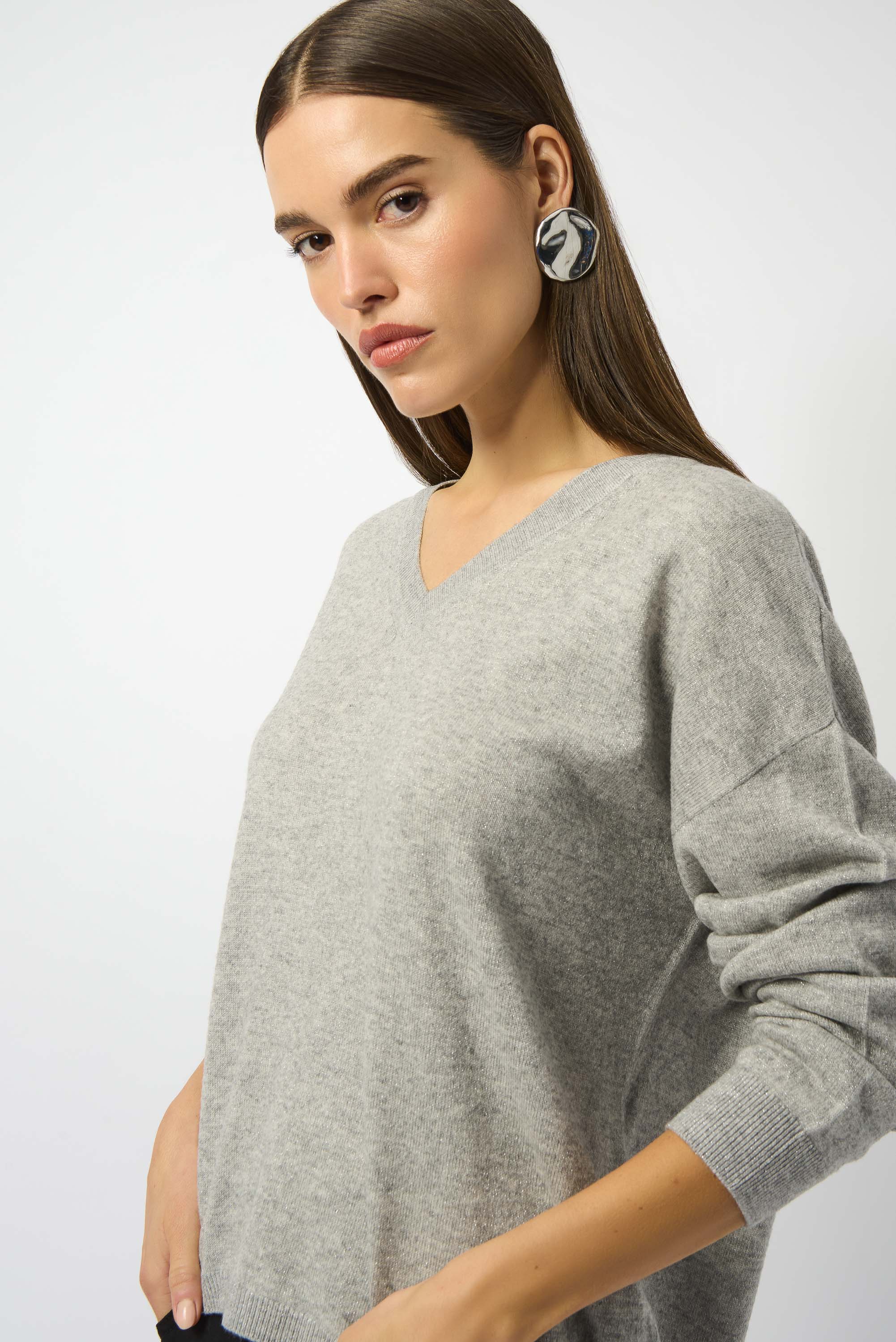 Joseph Ribkoff Wool Blend V-Neck Boxy Sweater Light Grey