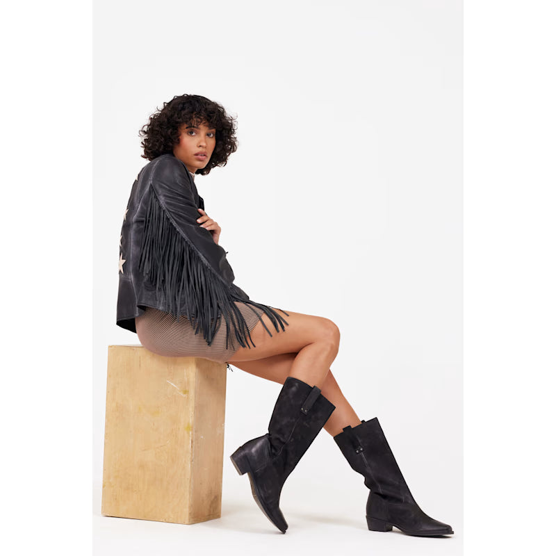 Crissy Star & Fringe Detail Leather Jacket, Black