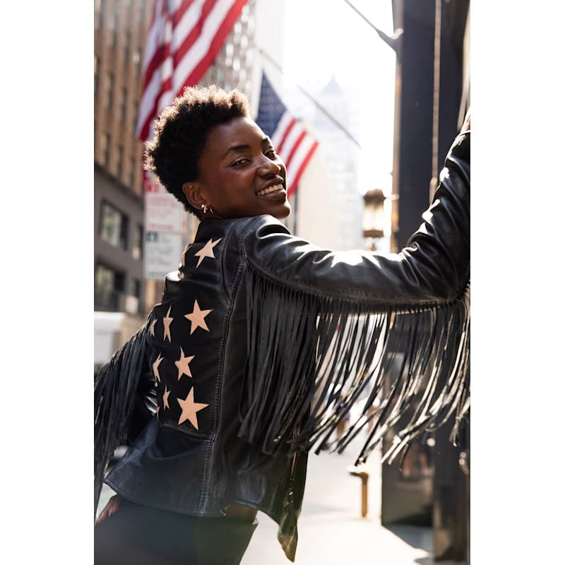 Crissy Star & Fringe Detail Leather Jacket, Black