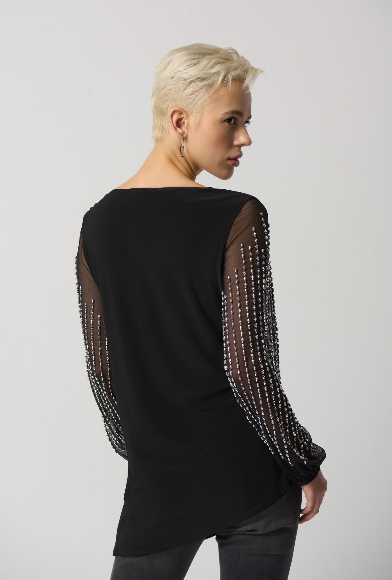 Joseph Ribkoff Mesh Puff Sleeve Asymmetrical Tunic
