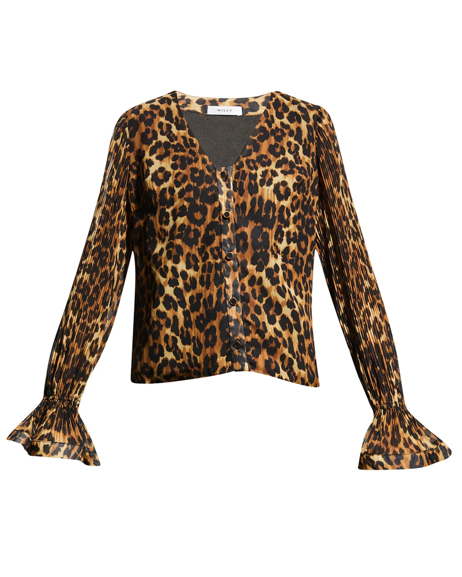 Milly Greer Pleated-Sleeve Leopard Print Blouse